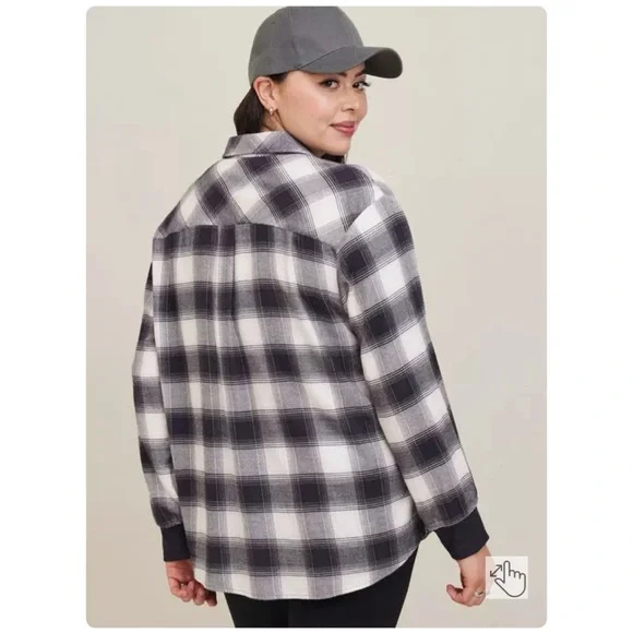 NEW Torrid 1 Flannel Drop Shoulder Button-Front Shirt, Mushroom Pocket, Plaid - Picture 2 of 12